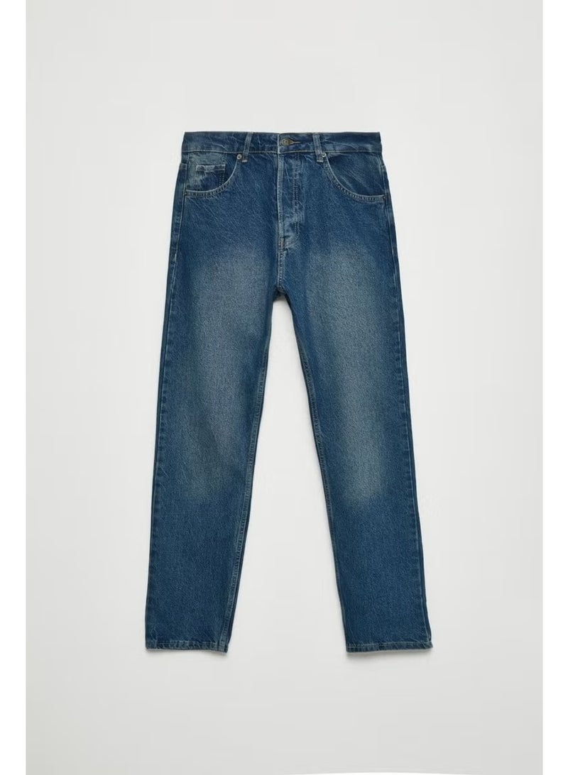 GRIMELANGE Men's Regular Fit Relaxed Cut Thick Textured Wash Effect Magic Denim Medium Blue Jeans - Image 1